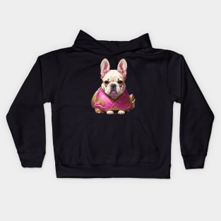 Charming Frenchie Puppy in Pink Floral Hanbok Kids Hoodie